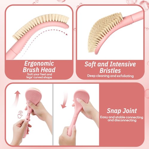 GEENOA New Foot Brush with Extra-Long Handle, 3-in-1 Foot Scrubber for Wet or Dry Brushing, Adjustable 10.2’’- 27.5’’Foot Scrub Brush for Senior, Pregnant, Disabled, or Injured, Gift-Box Packed(Pink)