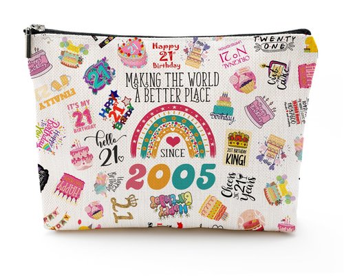 NONETH 21st Birthday Gifts for Her, 21 Year Old Birthday Gifts for Her, Sister, 2005 Birthday Makeup Bag & Travel Toiletry Bag, Unique Happy 21st Birthday Decorations & Party Favors & Gifts for Women