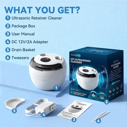 Hosoote Ultrasonic Retainer Cleaner Machine - 45kHz Dental Cleaning Pod for Denture, Mouth Guard, Aligner, Night Guard, Braces, Retainers & Jewelry - Denture Cleaner with 4 Modes & Digital Timer