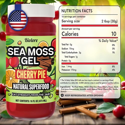 Biolore Sea Moss Gel - Cherry Pie Flavor, Vegan & Wildcrafted Superfood | 16 oz, No Added Sugar