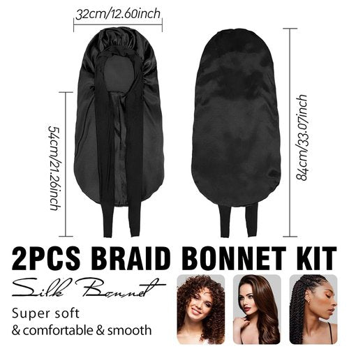2Pcs Bonnets for Black Women Braid Bonnet, Large Long Satin Bonnet for Braids, Silk Bonnet with Stretchy Tie Band Sleep Cap Hair (2Pcs-Black&Leopard)