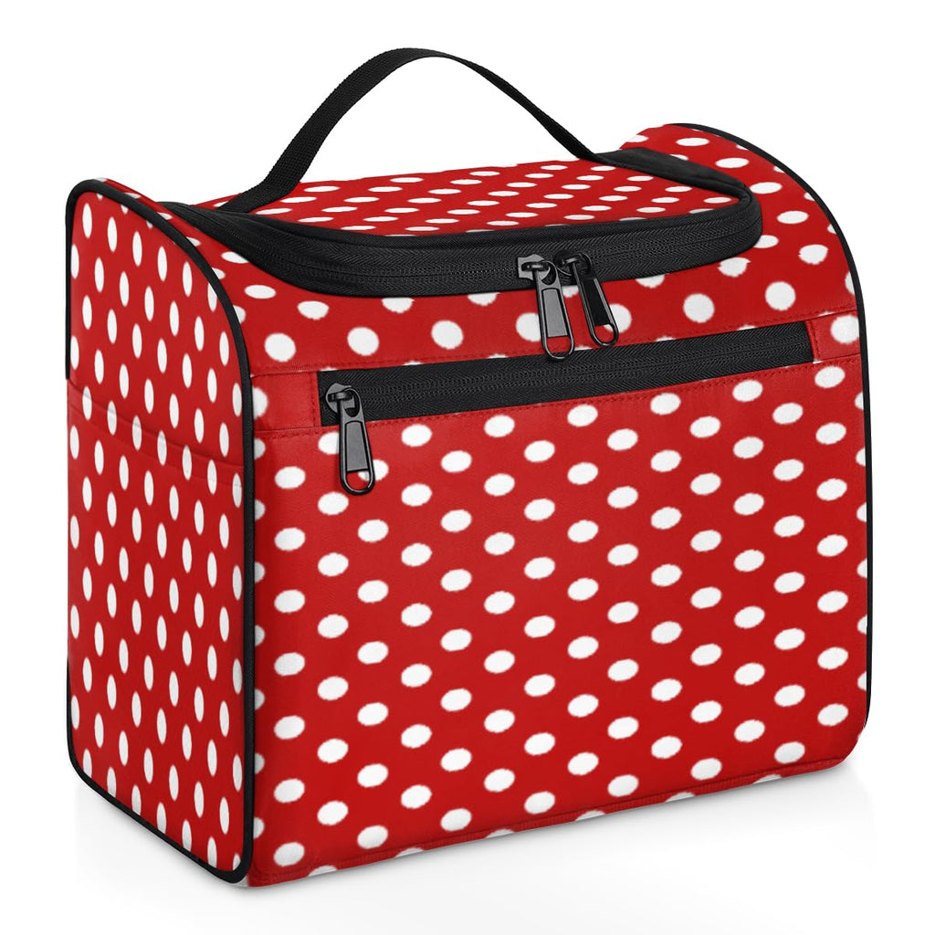 White Polka Dot Red Background Toiletry Bag for Women, Hanging Travel Toiletry Bag, Water-resistant Cosmetic Makeup Organizer for Toiletries and Cosmetics, Bathroom Shower Bag with Handle and Hook