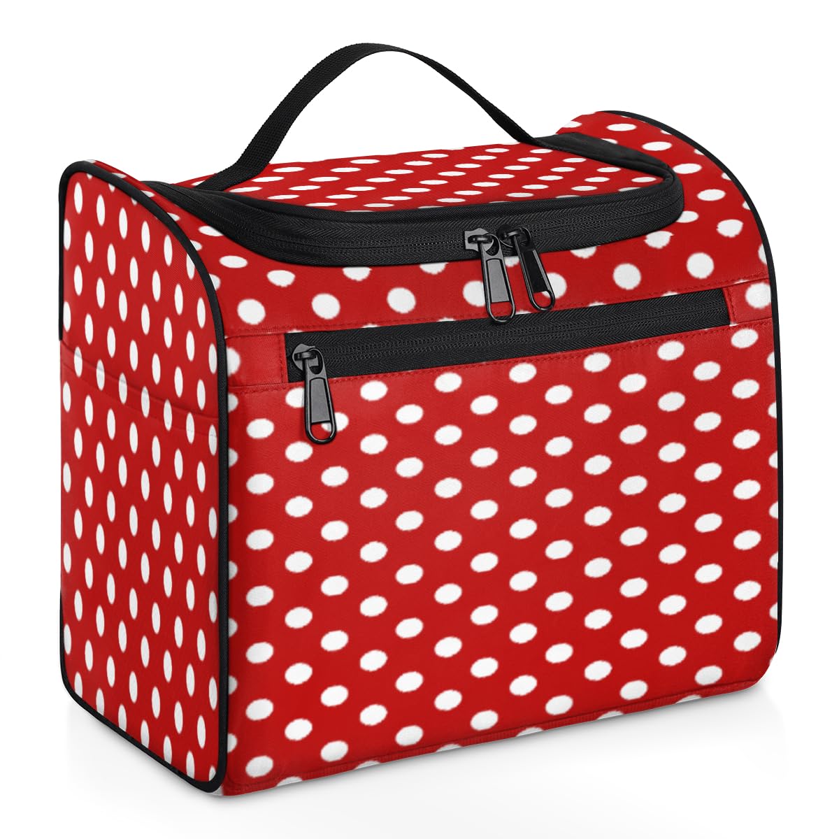 White Polka Dot Red Background Toiletry Bag for Women, Hanging Travel Toiletry Bag, Water-resistant Cosmetic Makeup Organizer for Toiletries and Cosmetics, Bathroom Shower Bag with Handle and Hook