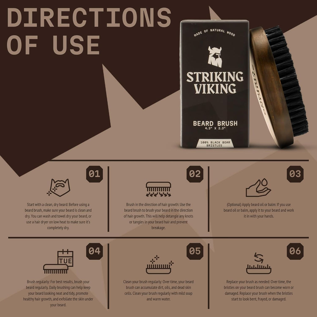 Striking Viking Beard Brush - 4.3-Inch Beech Wood Handle, Brown | Boar Bristle Grooming Tool