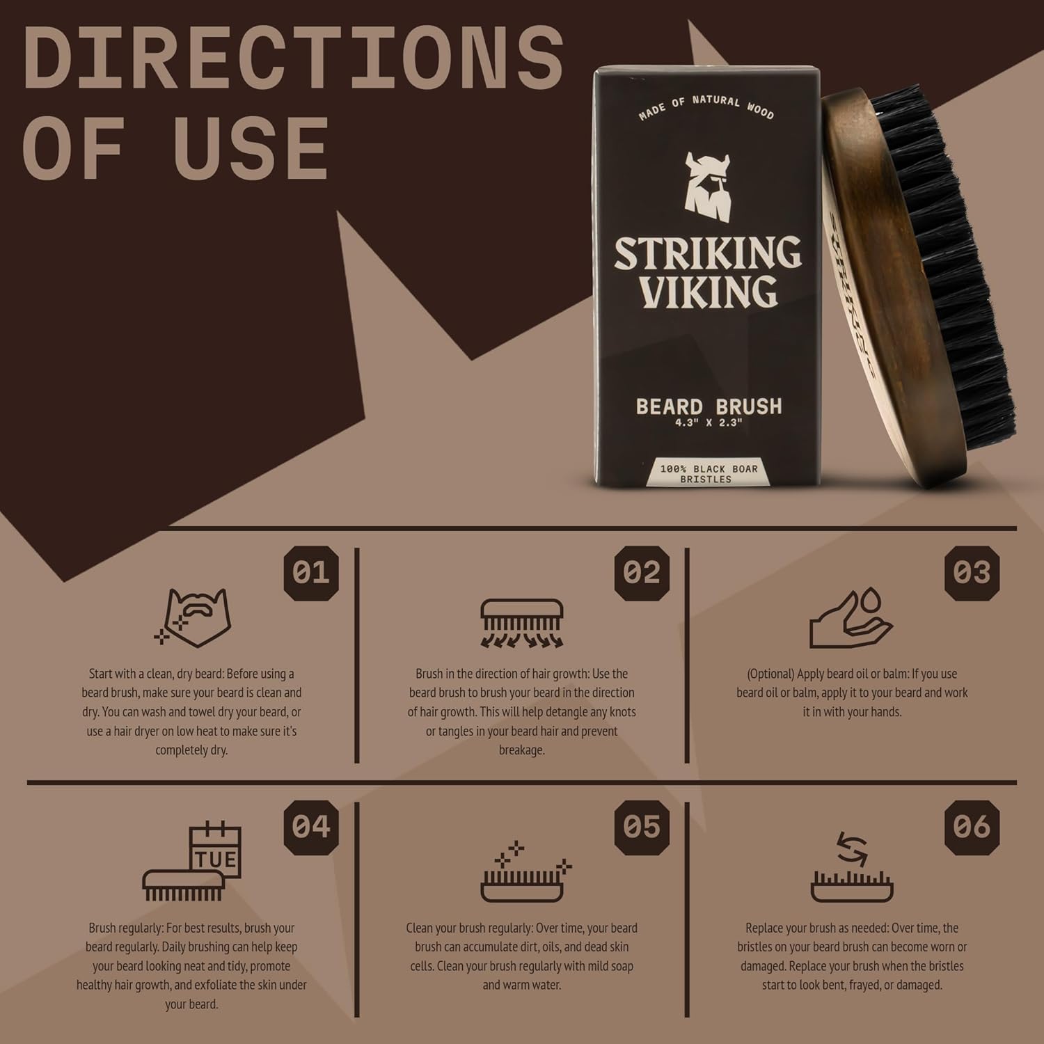 Striking Viking Beard Brush - 4.3-Inch Beech Wood Handle, Brown | Boar Bristle Grooming Tool