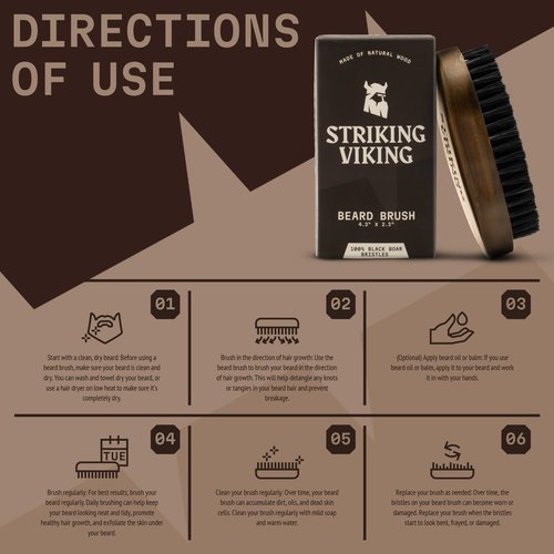 Striking Viking Beard Brush for Men - 4.3 in Beech Wood Handle, Brown - Boar Bristle Beard Brush & Grooming Comb - Travel Size Pocket Groomer