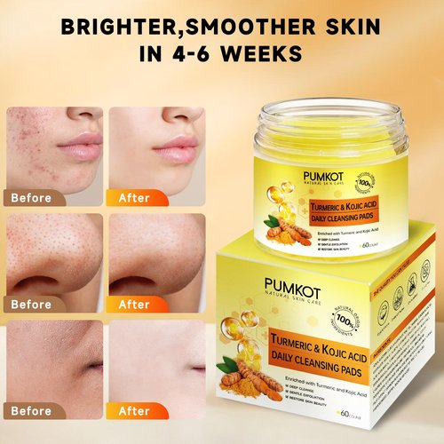 Pumkot Turmeric Kojic Acid Cleansing Pads, Turmeric Face Scrub Pads Enriched with Kojic Acid, 60PCS