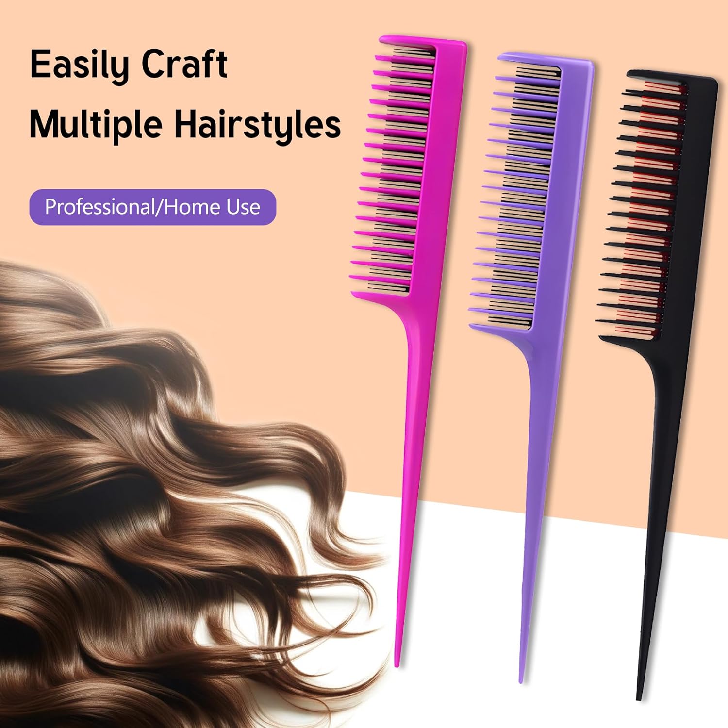 Teasing Comb Set by Professional - 3 Pack Tail Combs for Root Teasing & Volume - 8.15 Inches, Black, Magenta & Purple
