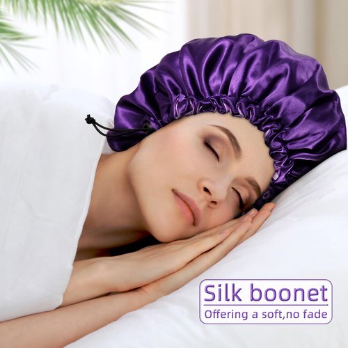 Satin Bonnet Silk Bonnet for Curly Hair Bonnet Braid Bonnet for Sleeping Bonnets for Women Large Double-Layer Adjustable Purple