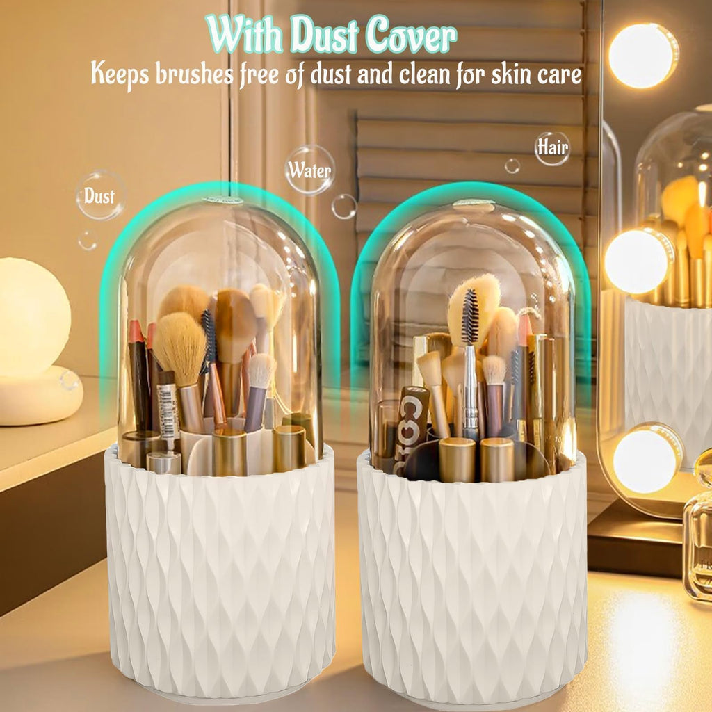 VNIMTI 360°Smooth Rotating Makeup Brush Holder with Dustproof Lid Spinning Vanity Organizer for Beauty Lipstick Perfume,Brushes Storage Container,Countertop,Dressing Table,Bathroom Desk (White)