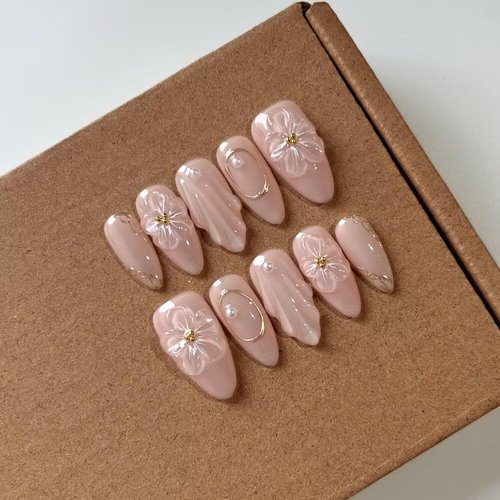 MAGLFELL 10 Pcs Medium Length Handamde Almond Press On Nails Reusable ABS Acrylic False Nails Set for Women (Size S)