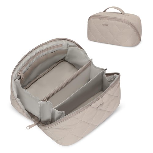 Hynes Eagle Travel Makeup Bag for Women Puffy Cosmetic Organizer Pouch Open Flat Toiletry Bag for Toiletries, Brushes Camel