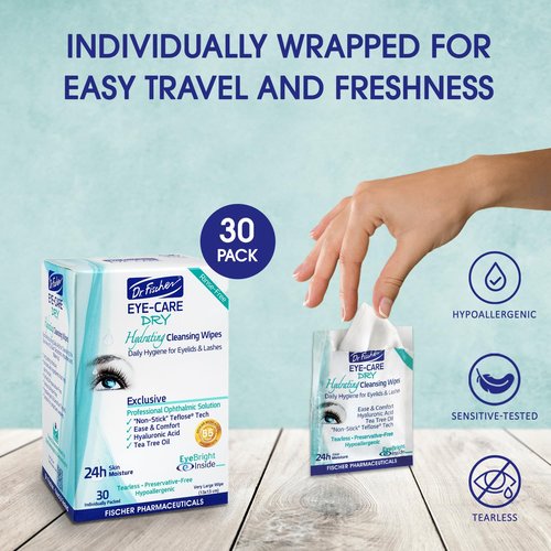 Dr. Fischer Tea Tree Eyelid Wipes for Dry Eyes - Gentle Eye Wipes for Everyday Eye Conditions and Hypoallergenic Makeup Remover (60 Wipes)