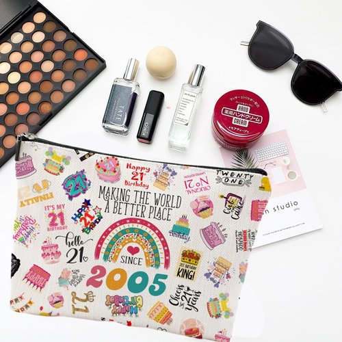 NONETH 21st Birthday Gifts for Her, 21 Year Old Birthday Gifts for Her, Sister, 2005 Birthday Makeup Bag & Travel Toiletry Bag, Unique Happy 21st Birthday Decorations & Party Favors & Gifts for Women