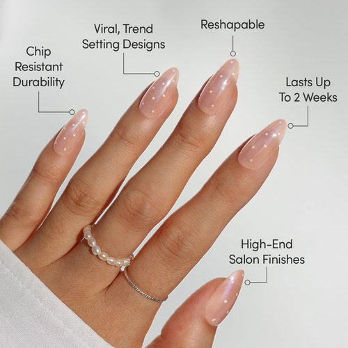 Glamnetic Press On Nails - Sugar Glazed | Medium Oval Fake Nails with a Sheer Nude Base, Mini White Polka Dots & Glazed Finish, Salon Quality Everyday Nails | 15 Sizes - 30 Nail Kit with Glue