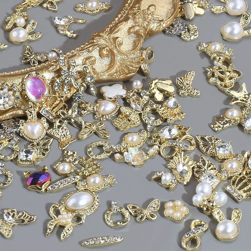 Dornail 50pcs Gold Nail Charms for Acrylic Nails, Mix Styles Shiny Pearl Alloy Nail Rhinestones Flower Butterfly Heart Star Charms for Nails Women Nail Jewels Nail Decorations for Nail Art Charms
