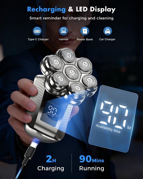 7D Electric Head Shaver - 5-in-1 Pro Grooming Kit for Bald Men | Waterproof, Travel-Ready, Type-C Charge
