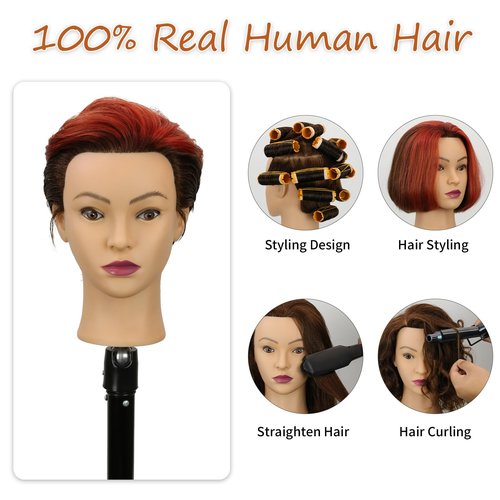 Mannequin Head Human Hair 14 Inch 100% Real Human Hair Hairdresser Practice Training Head Cosmetology Mannequin Head Can be Bleached And Dyed With Small Stand And Alligator Clip（14 Inch Dark Brown）