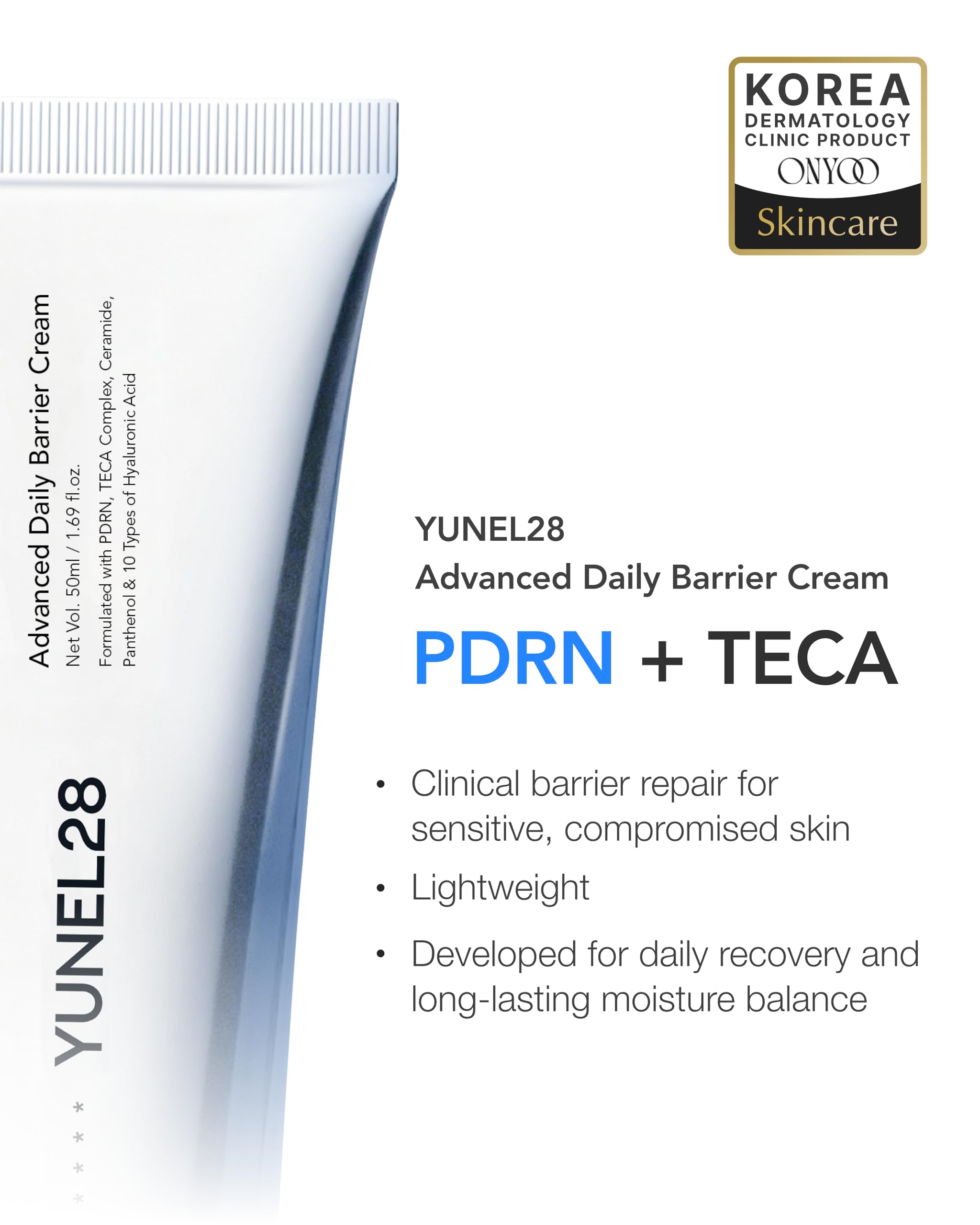 YUNEL28 PDRN Barrier Cream 32000ppm – 5 Actives for Glass Skin | Korean Moisturizer with Niacinamide 2%, Panthenol 1%, TECA & 8-Type Hyaluronic Acid | Fragrance Free | Sensitive Skin | 1.69 fl oz