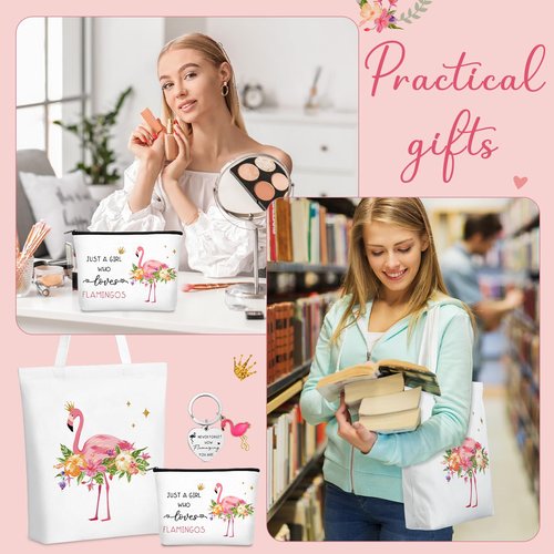 Sunnymove 5 Pcs Flamingo Gifts Set for Women Include Keychain Canvas Tote Bag Animal Lover Zipper Makeup Bag Notebook Pen for Women Flamingo Party Favors Birthday Christmas Gift