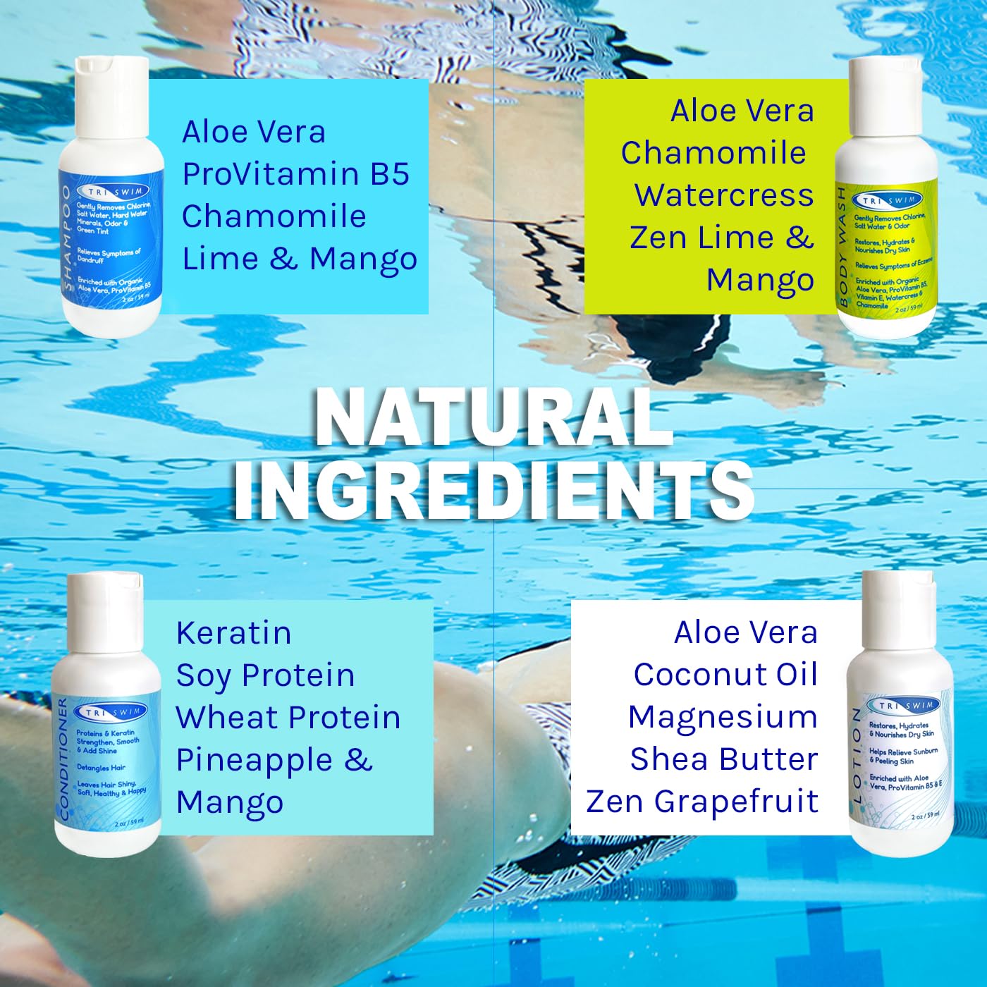 TRISWIM Travel Set - 2oz Chlorine Removal Shampoo, Conditioner, Body Wash & Lotion | Eliminates Chlorine & Odors