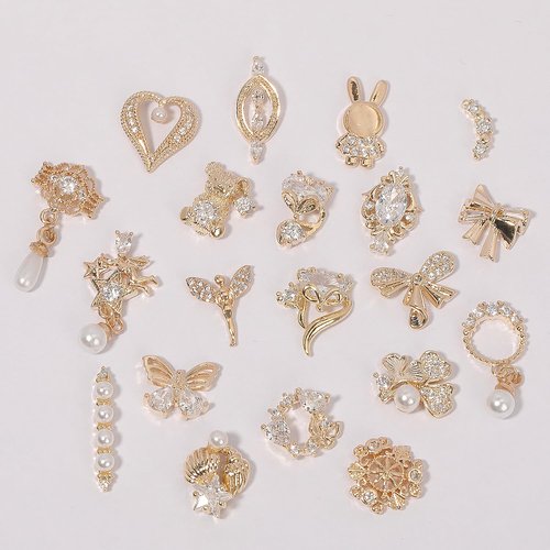 HNUIX Nail Charms and Gems - Gold Copper Zircon, Multiple Shapes 3D Dangle, Metal Jewelry Rhinestones for Nails (20pieces C Set)