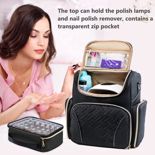 ELCUPA Nail Polish Organizer Holds 48 Bottles and a Nail Lamp, Nail Tech Storage Case Large Nail Polish Bag with 2 Removable Boxes and Tools Storage Pockets