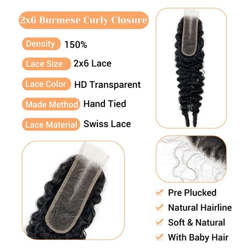 2x6 HD Lace Closure Burmese Curly Transparent 2 by 6 HD Lace Closure 14 Inch 100% Brazilian Virgin Unprocessed Middle Part Human Hair Closure
