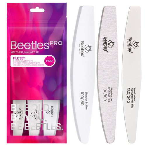 Beetles Pro 3-Pcs Nail File Nail Buffer - Professional 100/180/240 Grit Nails Files and Buffers Double Sided Washable Shaper Files for Acrylic, Gel & Natural Nails – Salon Quality Manicure Tool