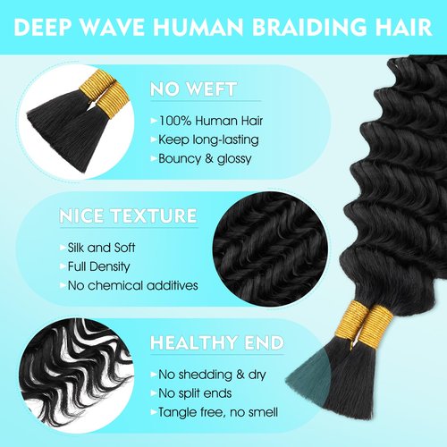 S-noilite Human Braiding Hair for Boho Braids 100% Unprocessed Brazilian Virgin Bulk Hair 2 Bundles/Pack 100g 18 Inch Deep Wave Bundles Human Hair for Bohemian Knotless Braids No Weft #1B