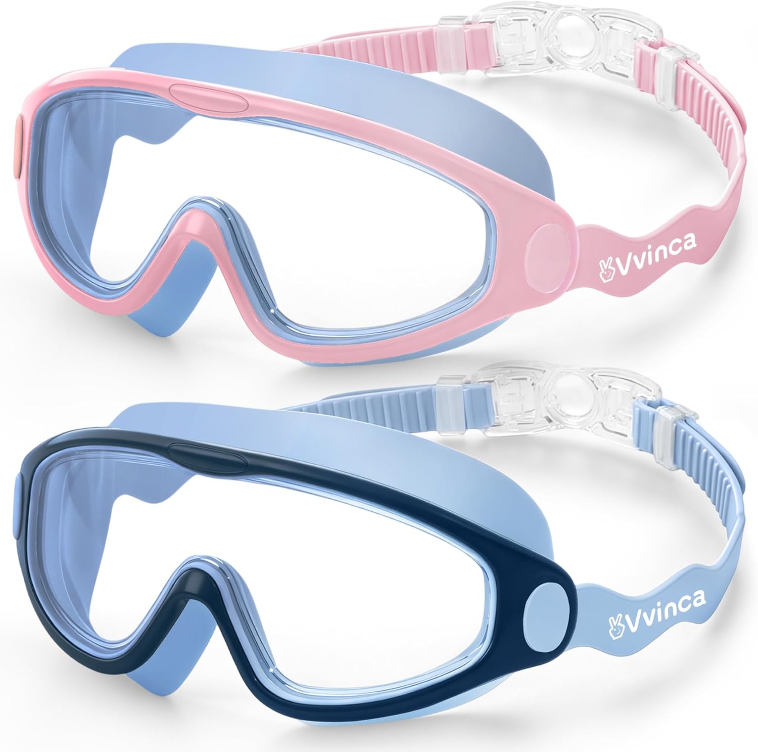 Vvinca Kids Swim Goggles - Soft Wave-Shape Strap, Anti-Fog & Leak-Free | 2 Pack for Ages 3-15