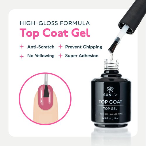 SUNUV 15ml Gel Top Coat and Base Coat Set, Hema Free Gel Nail Polish Kit 2 Pack, Art Manicure UV Nail Lamp No Wipe High Gloss Gifts for Women