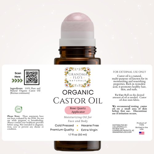 Grandma Flo's Naturals Organic Castor Oil with Rose Quartz Roll On For Face and Body - Glass Bottle, Cold Pressed, Hexane Free, Unrefined - Stimulate Hair Growth, Moisturize Skin (50ml)