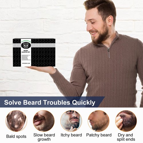 MALE GOD Beard Growth Kit, Beard Kit w/Upgraded Beard Growth Oil - Biotin and Batana Oil, Beard Growth Balm, Beard Massager for Spot/Patchy Beard, Birthday Gifts for Him Boyfriend Husband