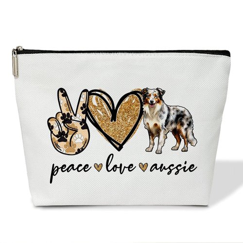Dog Lover Gifts Makeup Bags for Women, 1 Pack Cosmetic Travel Toiletry Bag, Australian Shepherd Dog Gifts for Women Dogs Mom Pet Lover Puppy Owner, Doggy Cosmetic Bag Pouch - Peace Love Aussie - L721