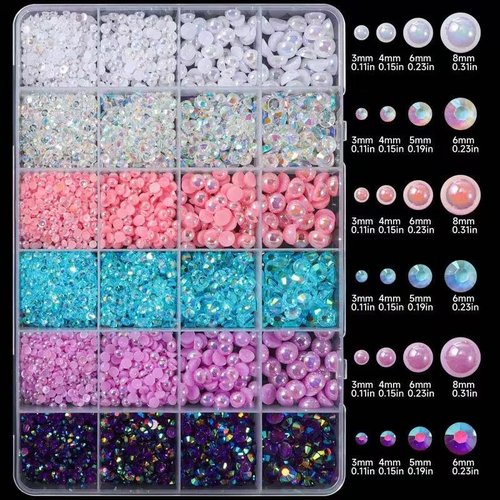 24Grid Blue Flatback Pearls and Rhinestones for Crafting Pink White Stones Mixed Size 3-8mm Resin Rhinestones and Half Pearls for Bedazzling Nail Art and Decoration with Tweezer and Pickup Pencil