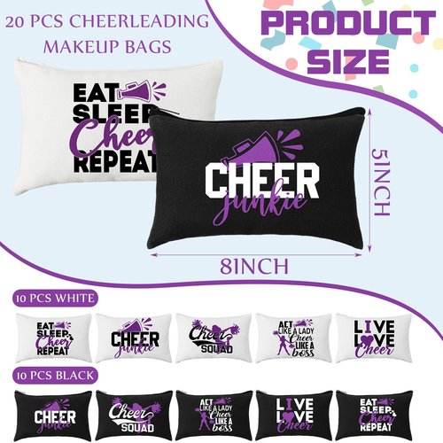 Pinkunn 20 Pcs Cheer Makeup Bags Bulk Cheer Team Gifts for Women Canvas Makeup Case Cheerleader Teams Gifts Zipper Cosmetic Pouch for Cheerleading Party Favors Supplies(Purple)