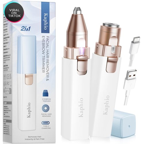 KAPHIO Facial Hair Removal for Women: 2 in 1 Electric Hair Removal Device for Chin Upper Lip Peach Fuzz & Rechargeable Eyebrow Trimmer for Shape Brows with Light (Blue)