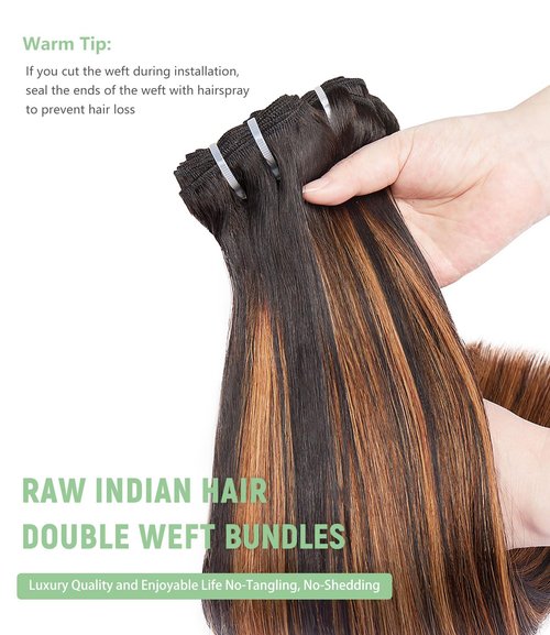 MLIP Raw Bundles Human Hair Straight, No Tangle Shedding, Keep Texture Silky Soft After Multiple Washes, 16A Raw Indian Hair Bundles 10 Inches, Brown Highlight Bundles