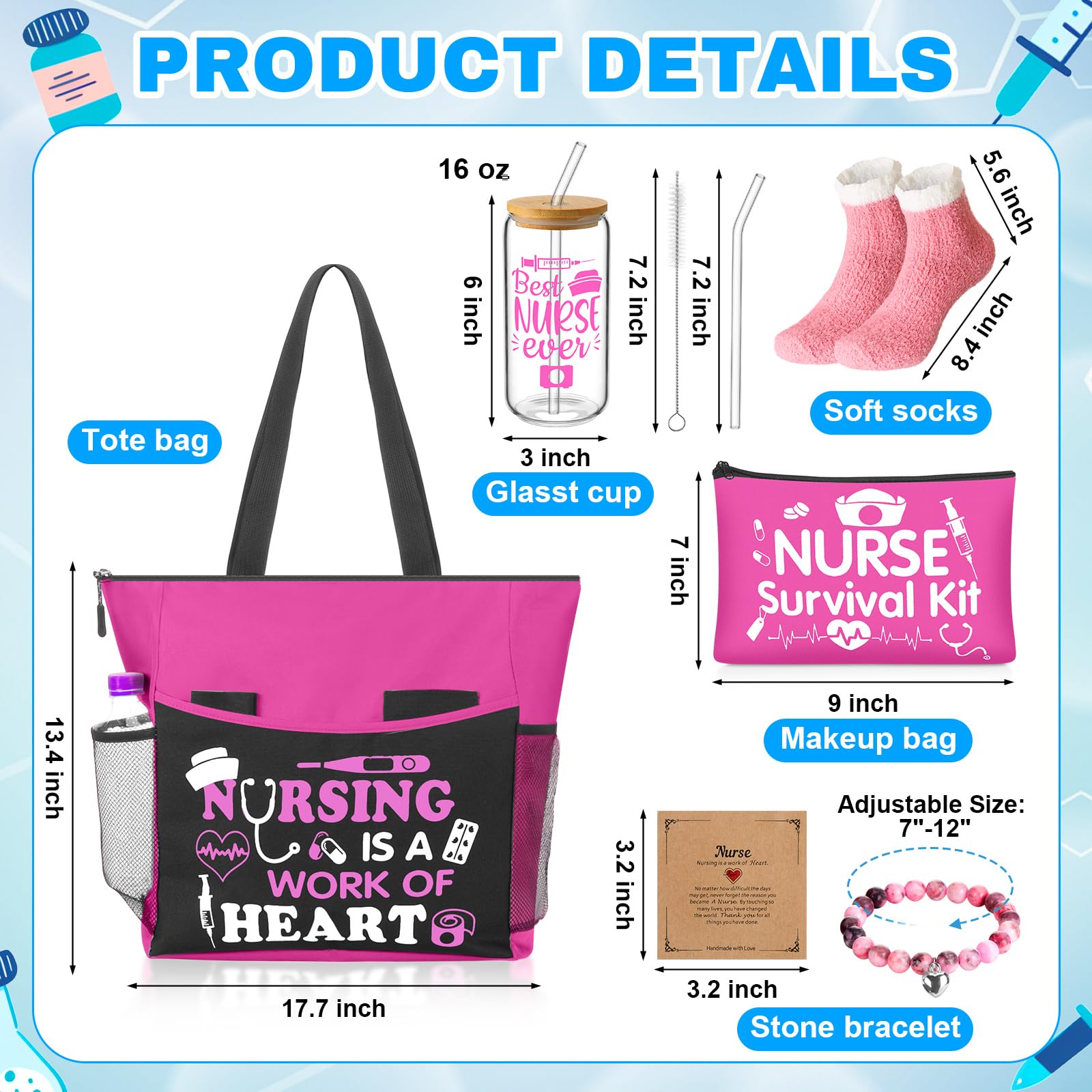 Yetene 5 Pcs Valentine Nurse Gifts for Women Include Ribbon Zippered Tote Bag Makeup Bag 16 oz Glass Cup Bracelets and Sock Appreciation Gift Set for Galentines Female Gift(Hot Pink,Nurse)