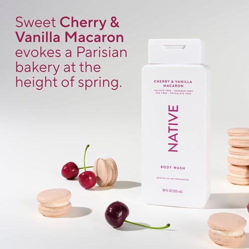 Native Body Wash - Naturally Derived Ingredients for Soft, Hydrated Skin | Cherry & Vanilla Macaron, 18 oz