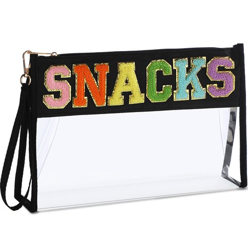Remerry Clear Chenille Letter Makeup Bag Stand up Snack Bags Preppy Cosmetic Pouch Expandable Clear Travel with Wrist Strap Zipper Portable Multipurpose PVC Nylon for Women Travel(Black,Snack)