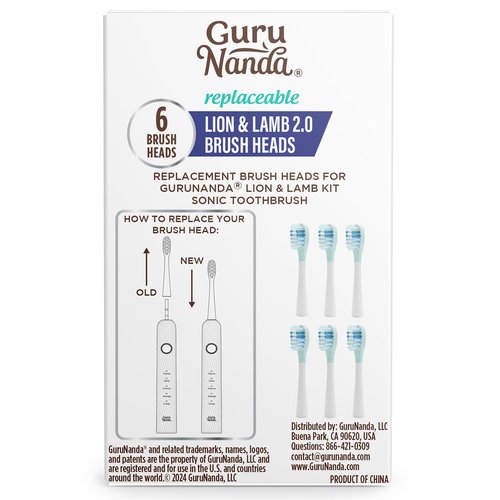 GuruNanda Lion & Lamb 2.0 Replacement Brush Head (Pack of 6), Round-Ended, Soft Bristles to Help with Plaque Control, BPA-Free, IPX7 Waterproof - White