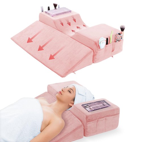 BALAPET Lash Pillows for Eyelash Extensions Ergonomic and Comfortable Velvet Foam Eyelash Pillow for Neck and Back Support Pillow Side Pockets can be Placed Tools,Easy to Graft Eyelashes(Pink)