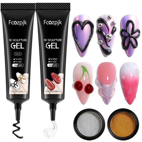 Fcozpjk 3D Gel Nail Art Kit – No Wipe Black and Clear Sculpting Gel for Embossing Painting Design with Gold Silver Chrome Powder 3D Liner Gels Flowers Carving Modeling Decor Salon Supplies 15ML 2PCS