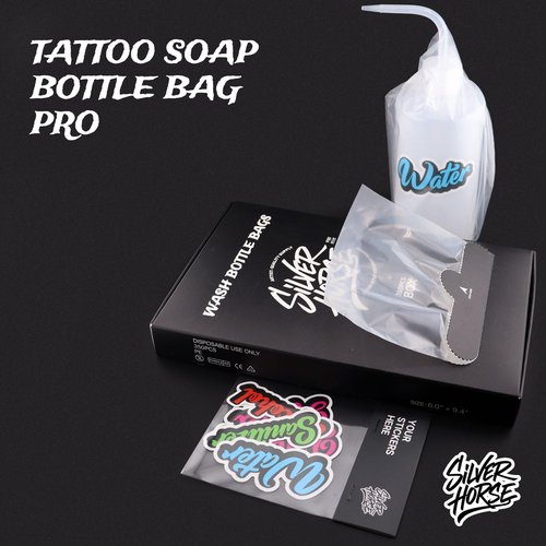 350pcs Wash Bottle Bags with 6pcs Sticker Labels - Tattoo Bottle Bags for 500ml/16.9oz, 6.0×9.4 Inch Plastic Covers, Professional Tattoo Supplies & Accessories (Black)