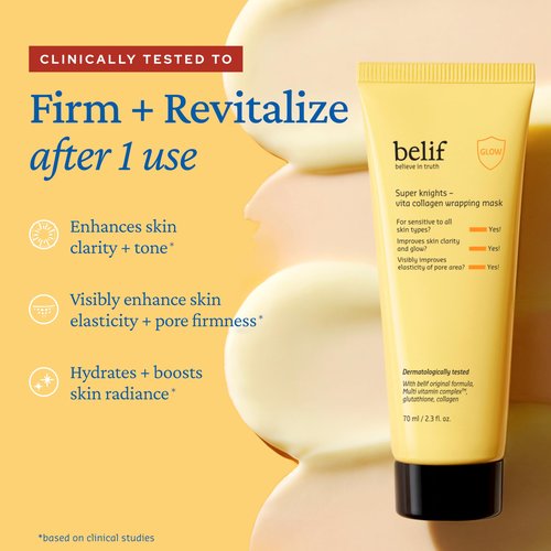 belif Super Knights - Vitamin Collagen Wrapping Peel Off Facial Mask, Elasticity + Hydration, Pore Firmenss & Even Skin Tone, with Multi Vitamin Complex and Glutathione | Korean Skincare, 2.3 fl. oz