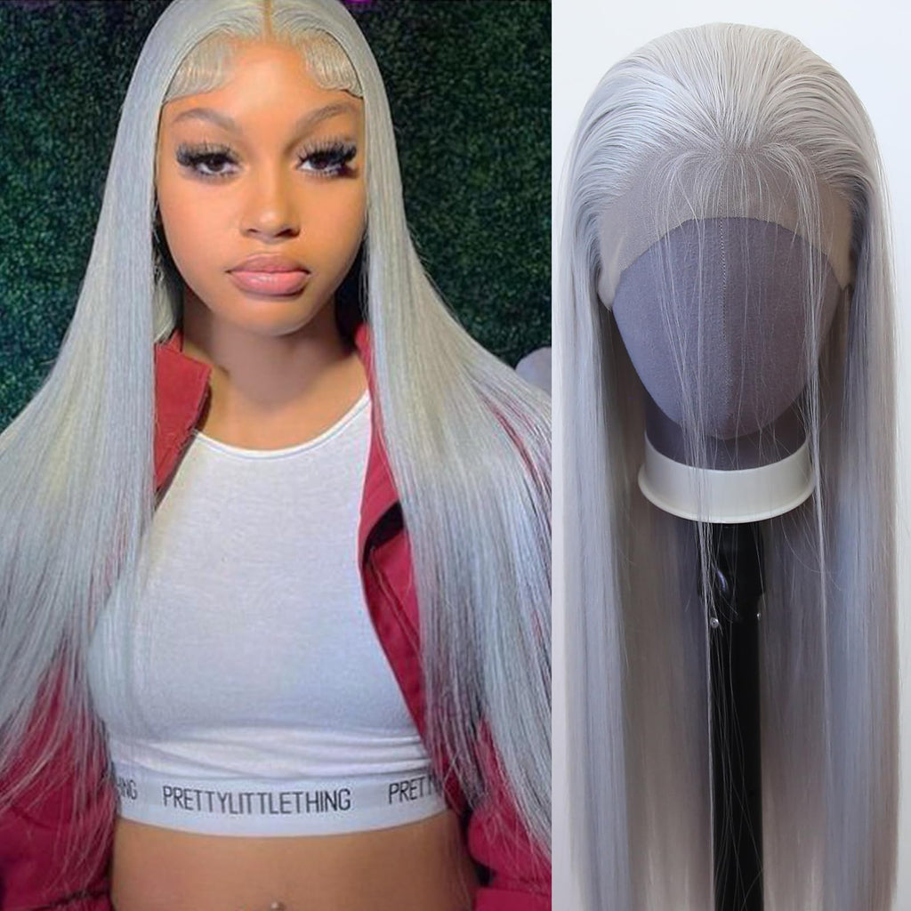 Zigzag Hair Lace Front Wigs - Long Straight Synthetic Pre Plucked with Natural Hairline, Heat Resistant, Glueless Silver Synthetic Lace Wig