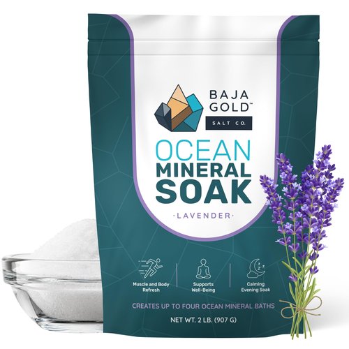 Baja Gold Ocean Mineral Soak – Natural Magnesium Bath Soak & Trace Elements | Relaxing, Clean Ingredient Soak for Bath, Muscles, Relaxation & Skin Care | Pure, Vegan, 2 Lb Resealable Bag, Lavender
