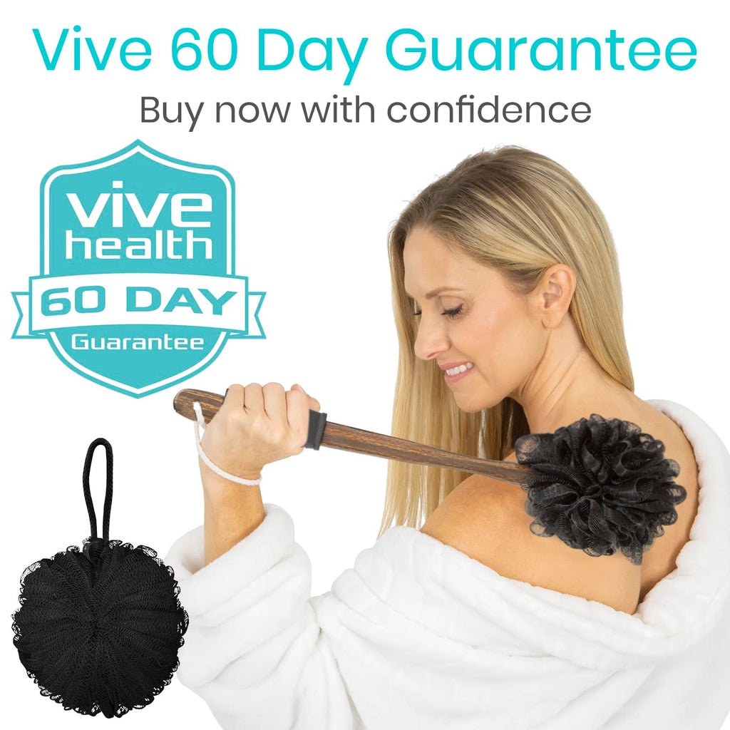 Vive 17” Shower Loofah with Long Handle - Exfoliating Back & Body Scrubber for Men & Women - Luffa Sponge on a Stick for Bathing, Cleaning - Includes Extra Handheld Lufa, Hook & String to Hang on Wall